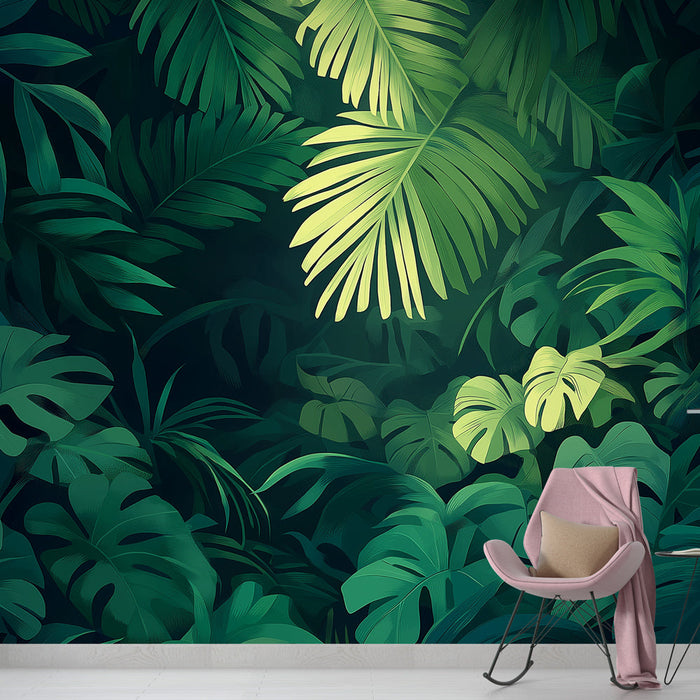 Carta da parati fogliame tropicale | Foglie lussureggianti in tonalità di verde