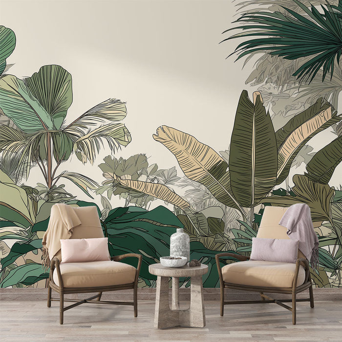 Tapetti trooppinen kasvillisuus | Tyylitellyt lehdet neutraalilla taustalla