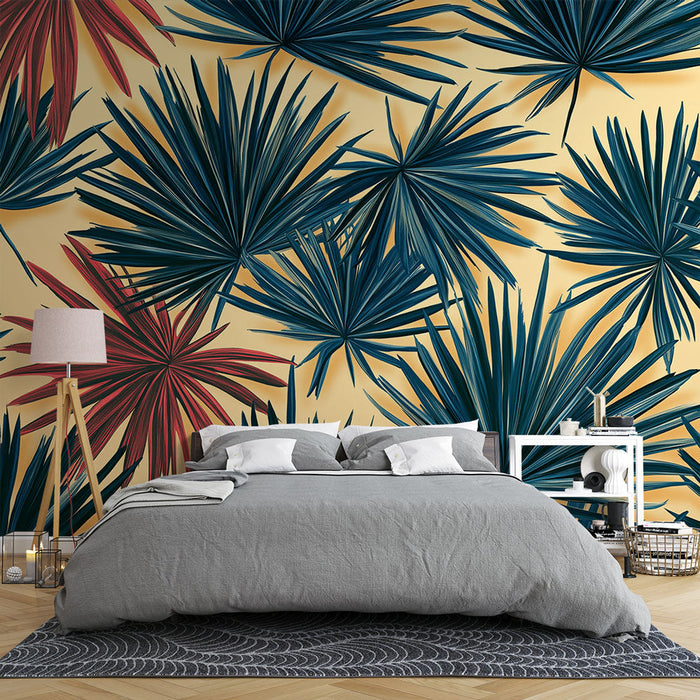 Fototapet tropisk løvverk | Tropiske blader i nyanser av blått og rødt på en gul bakgrunn