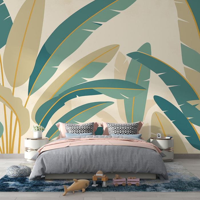 Carta da parati fogliame tropicale | Foglie verdi e dorate su sfondo neutro