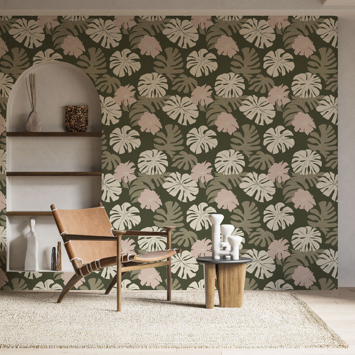 Tapete тропическо листва | Зелени листа и пастелни цветя на маслинов заден план