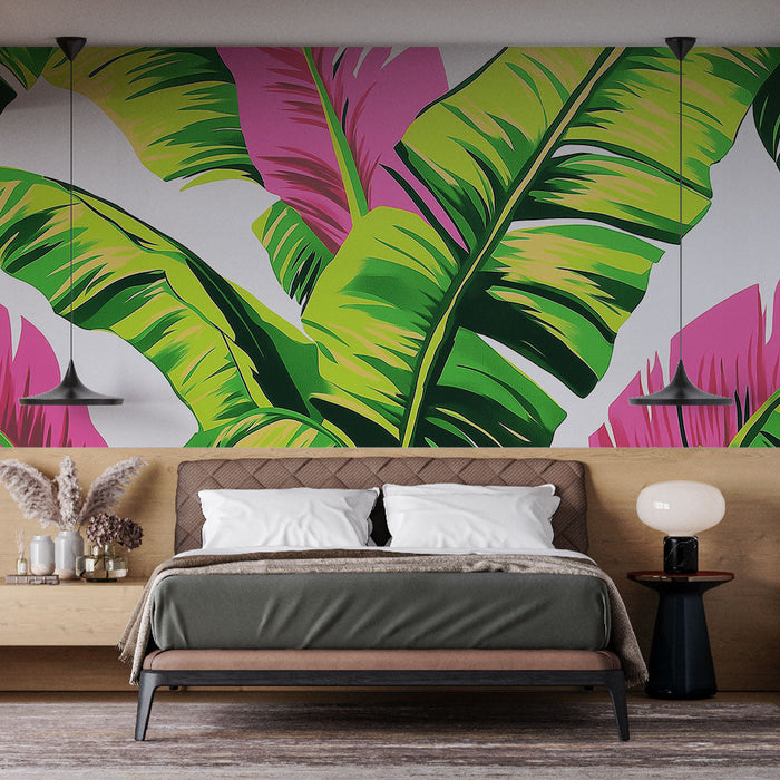Foto Behang tropisch gebladerte | Helder groene en roze bladeren