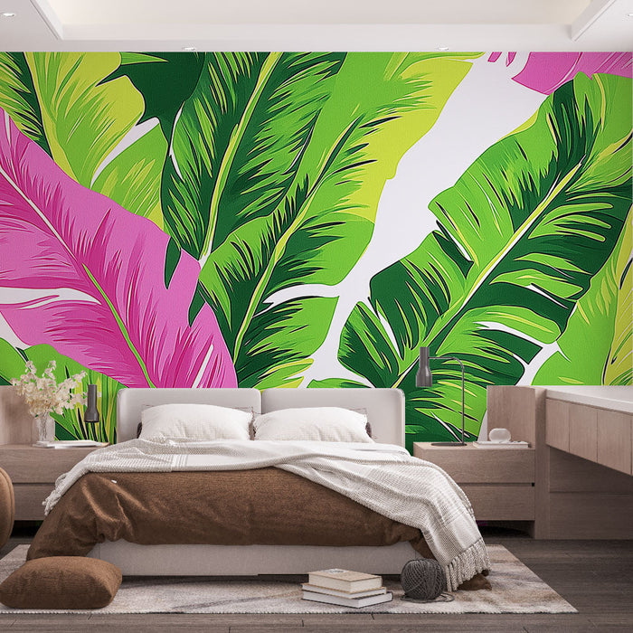 Papel de parede folhagem tropical | Folhas verdes e rosas vibrantes