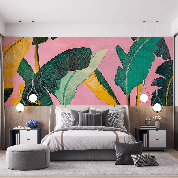 Fototapet tropisk løv | Store stiliserede blade på lyserød baggrund