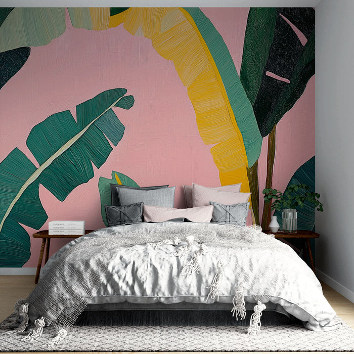 Fototapet tropisk løv | Store grønne blade og pink baggrund