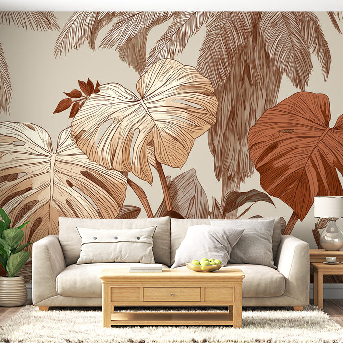 Fototapet tropsko listje | Monstera in palmovo drevo v nevtralnih odtenkih