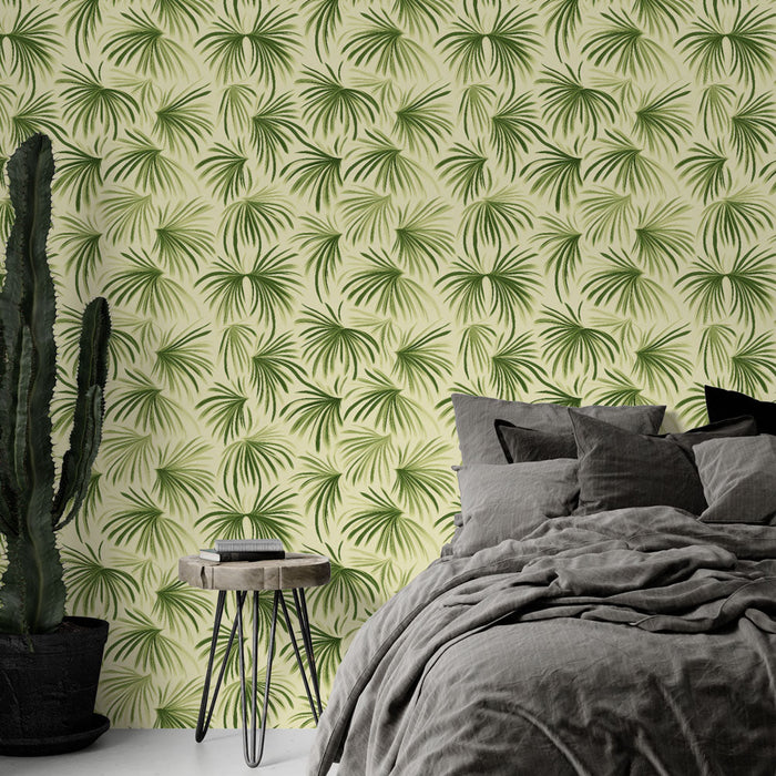 Mural Wallpaper tropical foliage | Pattern of green leaves on a light background