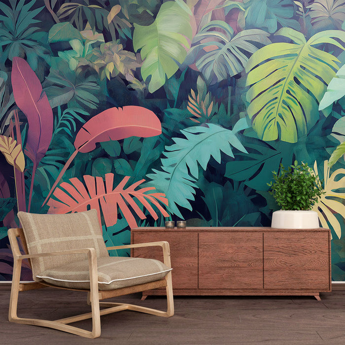 Tapet cu frunziș tropical | Modele de frunze cu culori vii într-un stil artistic