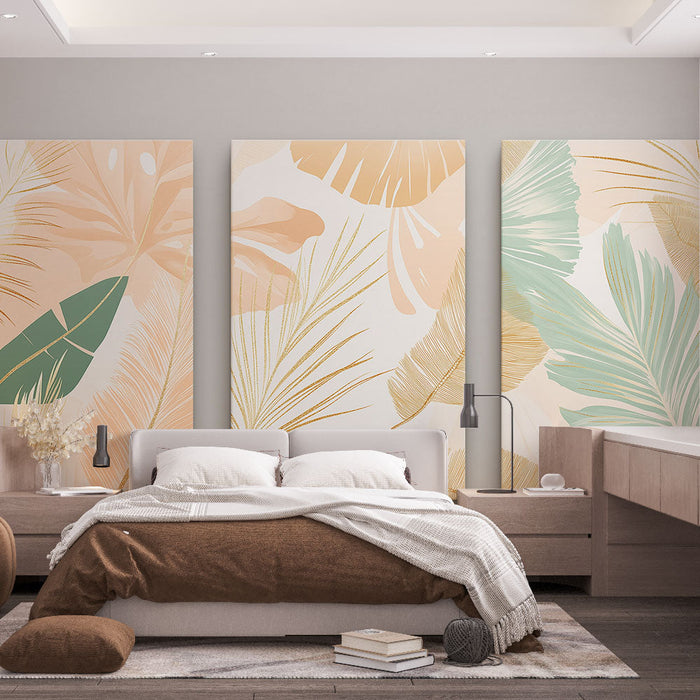 Carta da parati fogliame tropicale | Motivi foglia dorata su sfondo pastello