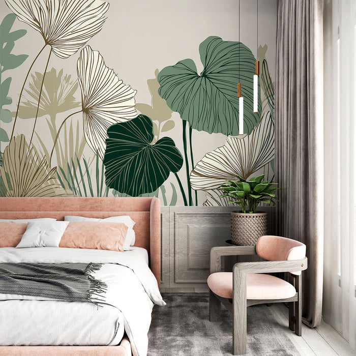 Mural Wallpaper tropical foliage | Elegant leaf patterns on a neutral background