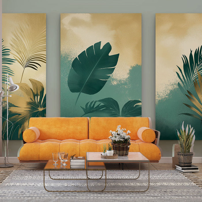 Tapete tropisches Laub | Muster von üppigen Blättern mit goldenen Akzenten