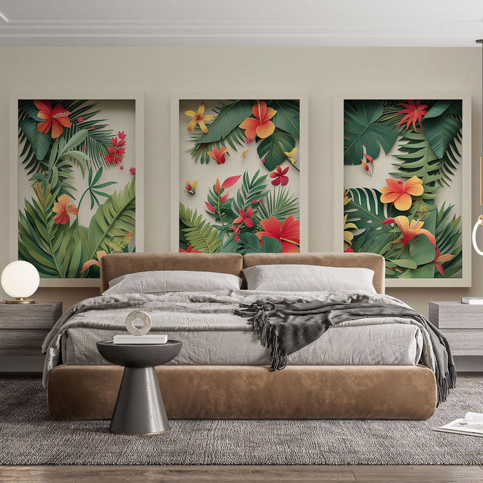 Carta da parati tropicale fogliame | Motivi floreali luminosi di fiori e lussureggiante fogliame