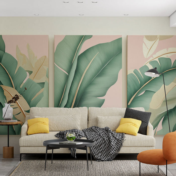 Tapete тропическо листва | Разкошни модели на зелени листа на розов фон със златни акценти