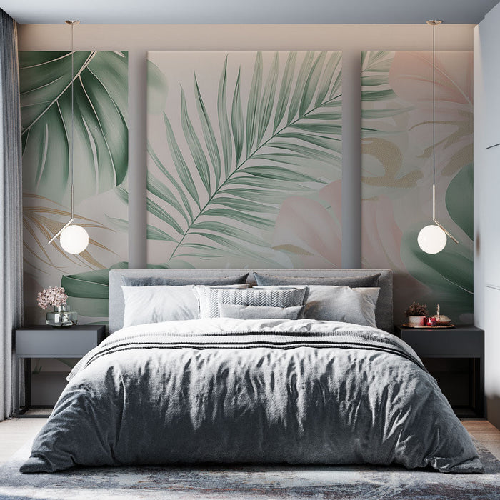 Fototapet tropisk løvverk | Frodig plantevegg med myke toner og gylden glitter