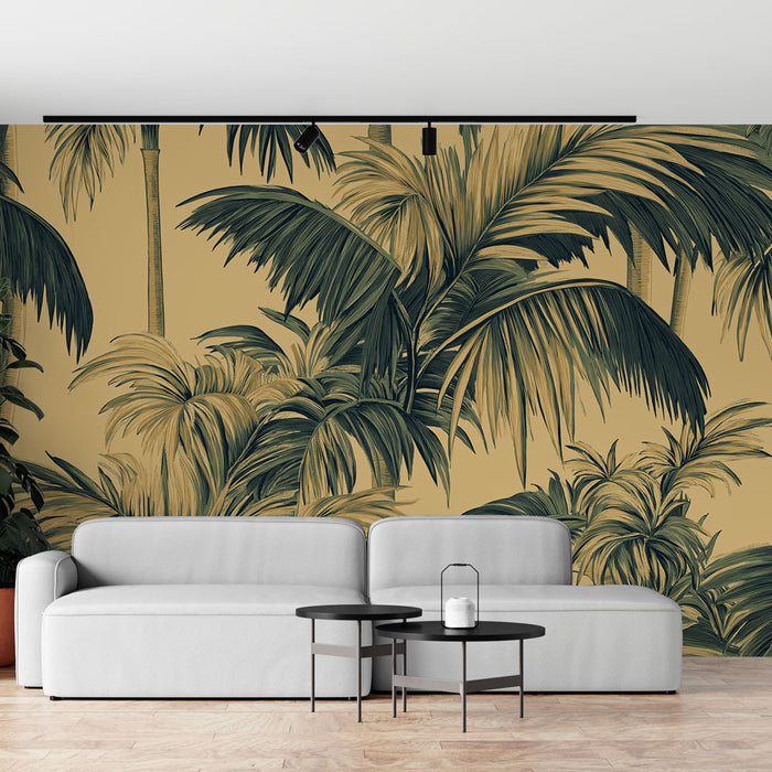 Carta da parati fogliame tropicale | Palme rigogliose su sfondo giallo
