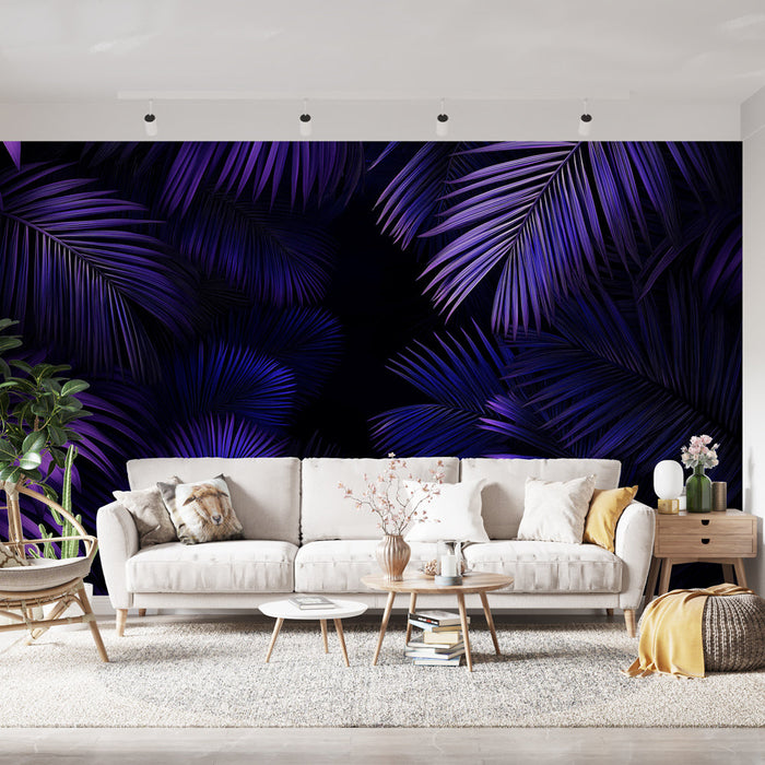 Ταπετσαρία τοιχογραφίας τροπικό φύλλωμα | Μωβ φοίνικες σε σκοτεινό φόντο