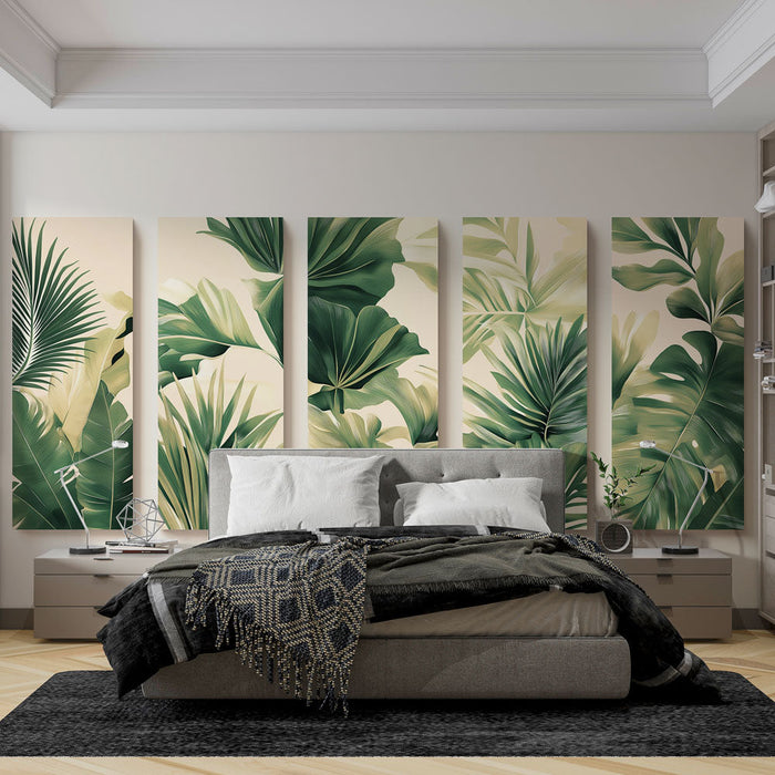 Papel de parede tropical com folhagens | Plantas exóticas em tons de verde e dourado