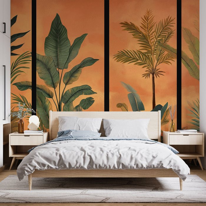 Carta da parati fogliame tropicale | Piante rigogliose su sfondo arancione brillante