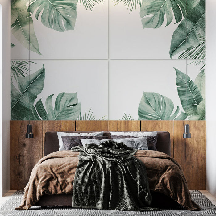 Tapeta s tropickými listy | Jemné uspořádání zelených listů na bílém pozadí