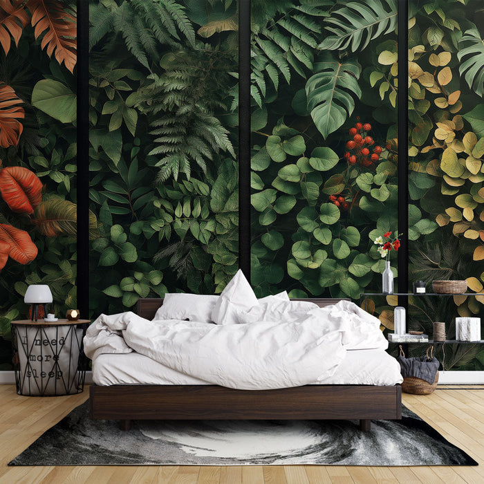 Carta da parati fogliame tropicale | Un vibrante mix di fogliame verde e rosso