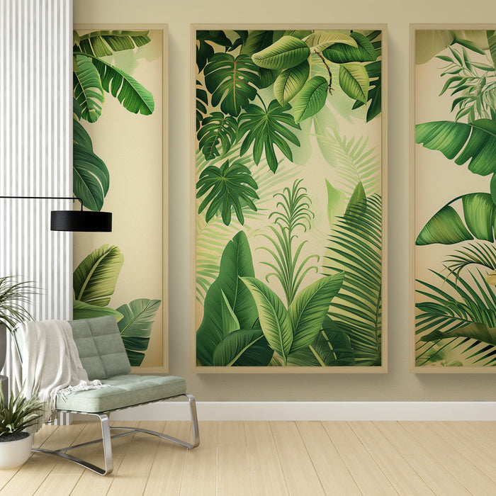Papel de parede tropical com folhagem | Um trio de folhas verdes exuberantes