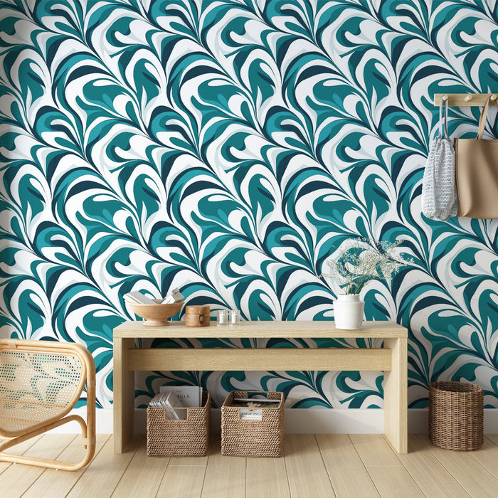Papel pintado feuillage turquoise | Motif de feuilles stylisées en dégradé de azul y blanco