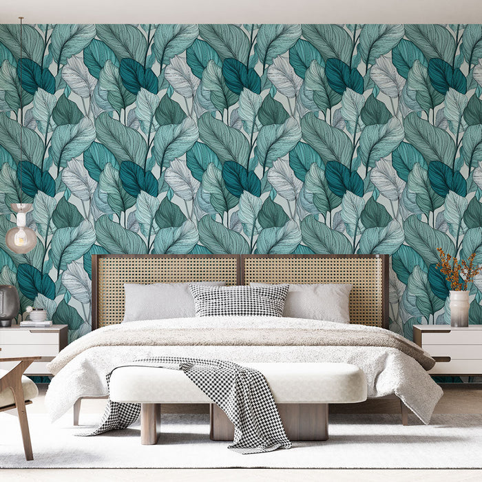 Fototapet löv turkos | Elegant mönster av blad i nyanser av grönt och vitt