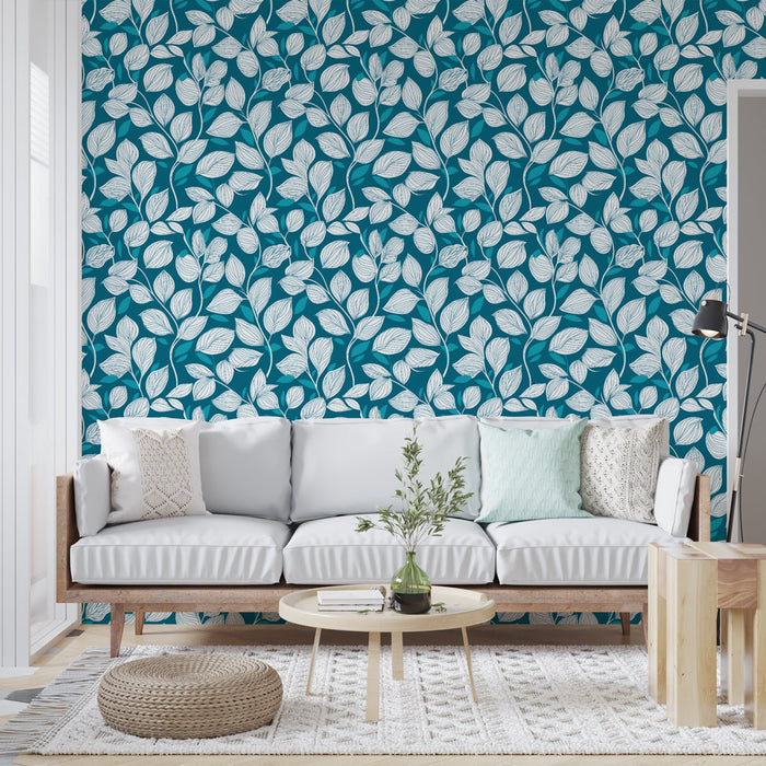 Papel pintado feuillage turquoise | Motifs de feuilles blanches sur fond turquoise