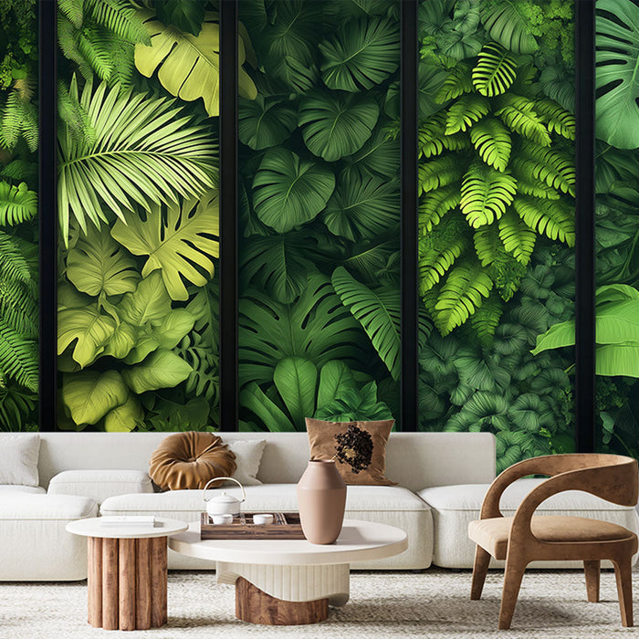 Fototapet løvverk | En vegg av frodig grønnsak med ulike grønne blader
