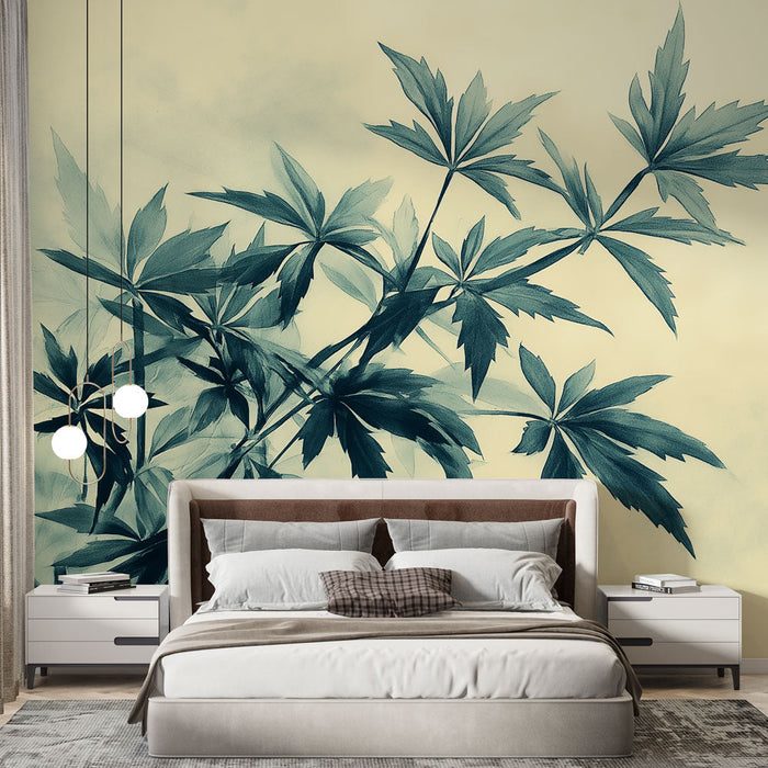 Green foliage mural wallpaper | Artemisia and beige background