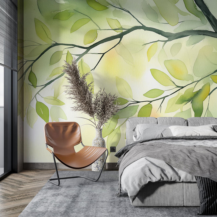 Mural Wallpaper green foliage | Branch and watercolor painting