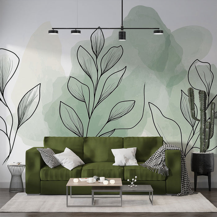 Mural Wallpaper green foliage | Drawing branches and pastel green background