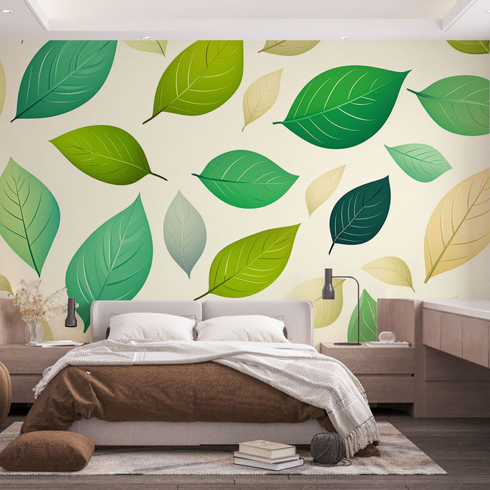 Green foliage mural wallpaper | Falling leaves and light background