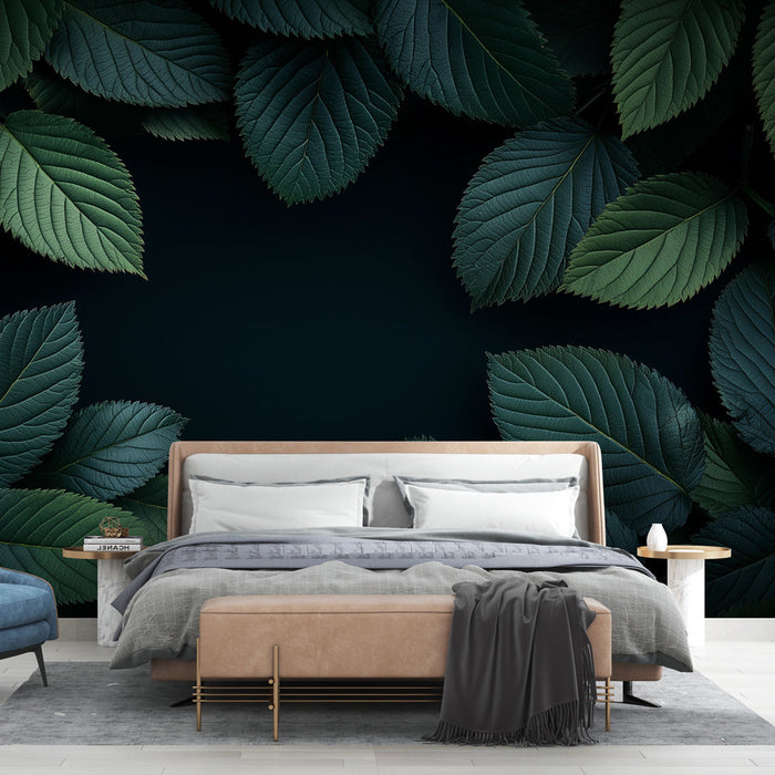 Green foliage mural wallpaper | Dark floral contour