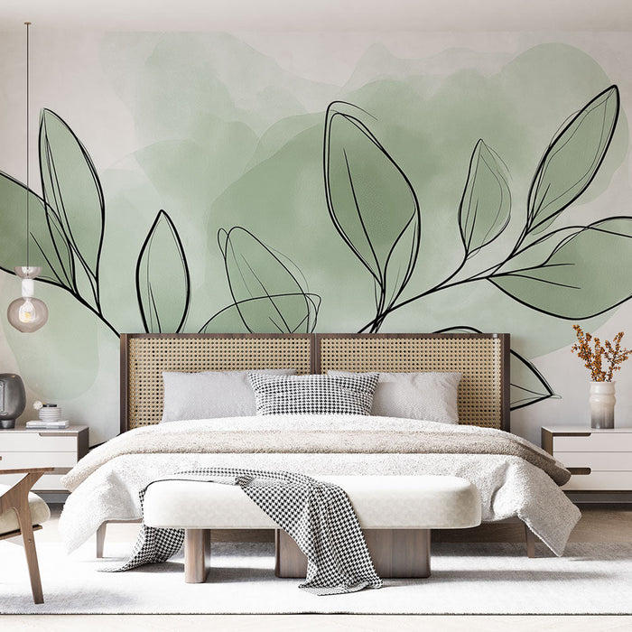 Mural Wallpaper green foliage | Drawing and pastel green