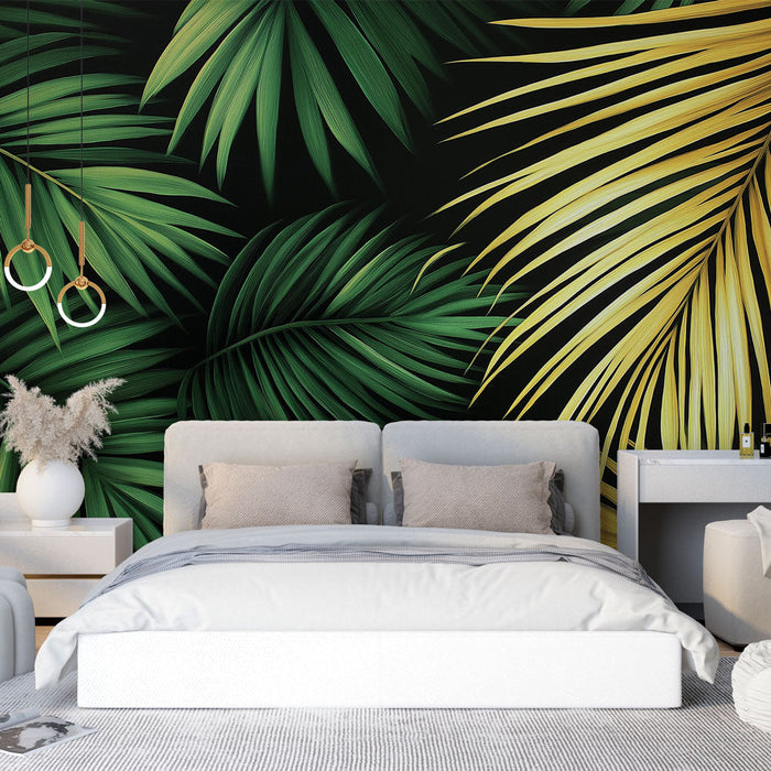 Mural Wallpaper green foliage | Green and gold duo on black background