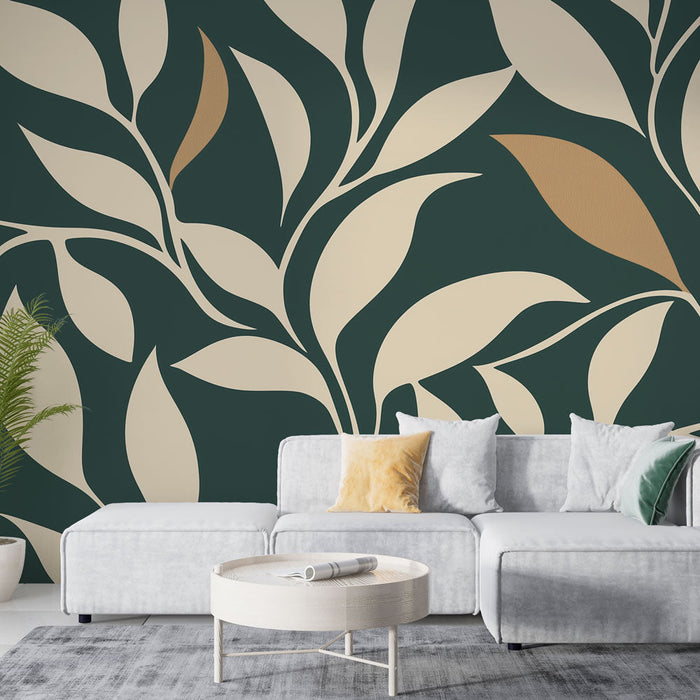 Green and beige foliage Mural Wallpaper | Waving leaves