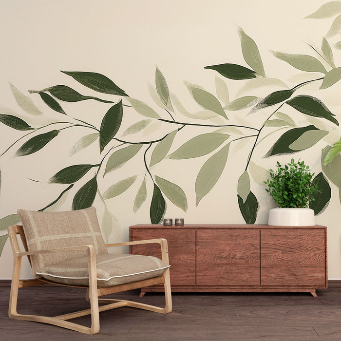 Grøn og beige løv Mural Tapet | Khaki og beige