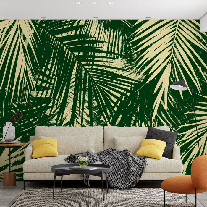 Grøn og beige løv Mural Wallpaper | Palme og tropisk