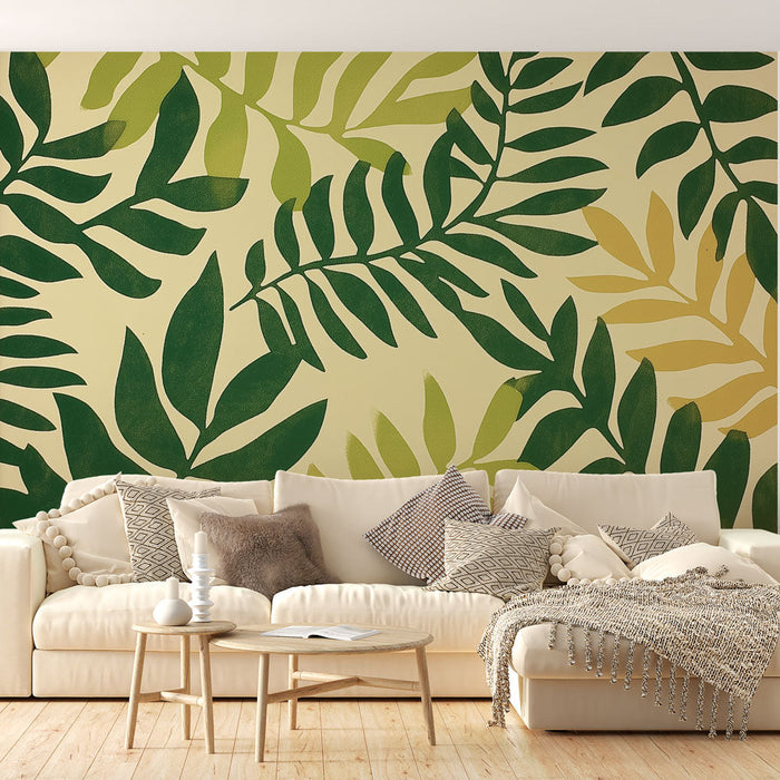 Papel pintado de follaje verde y beige | Pintura panorámica