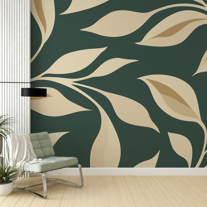 Green and beige foliage Mural Wallpaper | Small golden touches