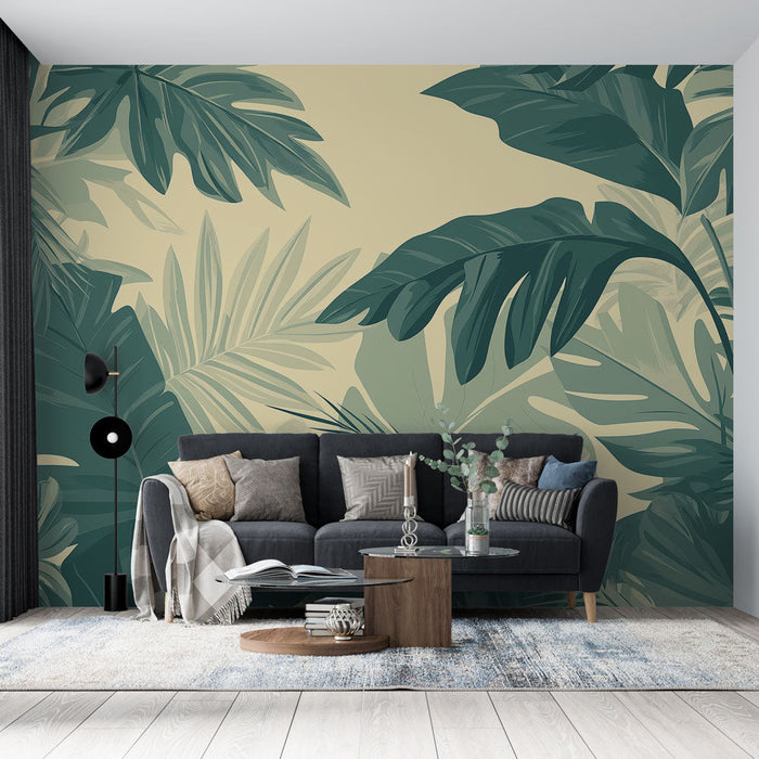 Green and beige foliage Mural Wallpaper | Monochrome tropics