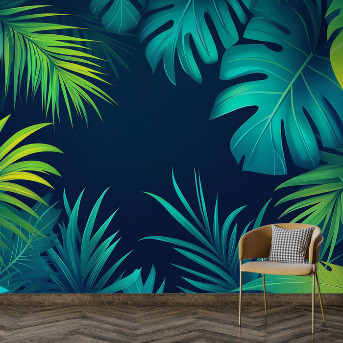 Green and blue foliage Mural Wallpaper | Blue background and tropical leaves