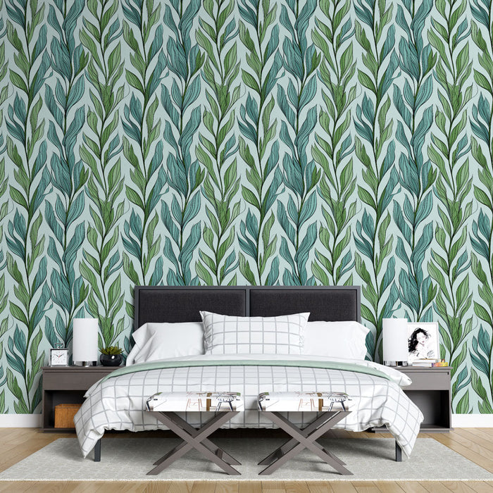Mural Wallpaper green and blue foliage | Stylized watercolor leaf pattern on light background