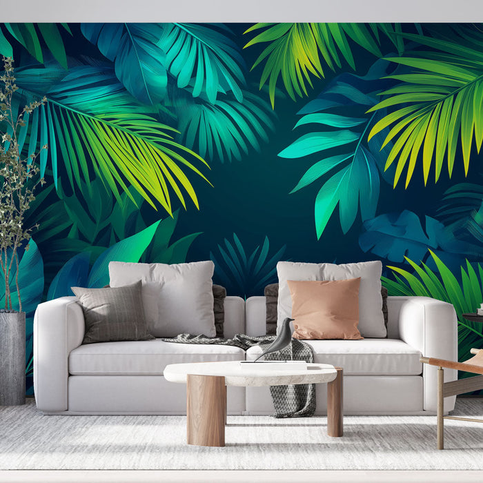 Green and blue foliage mural wallpaper | Intense green palms