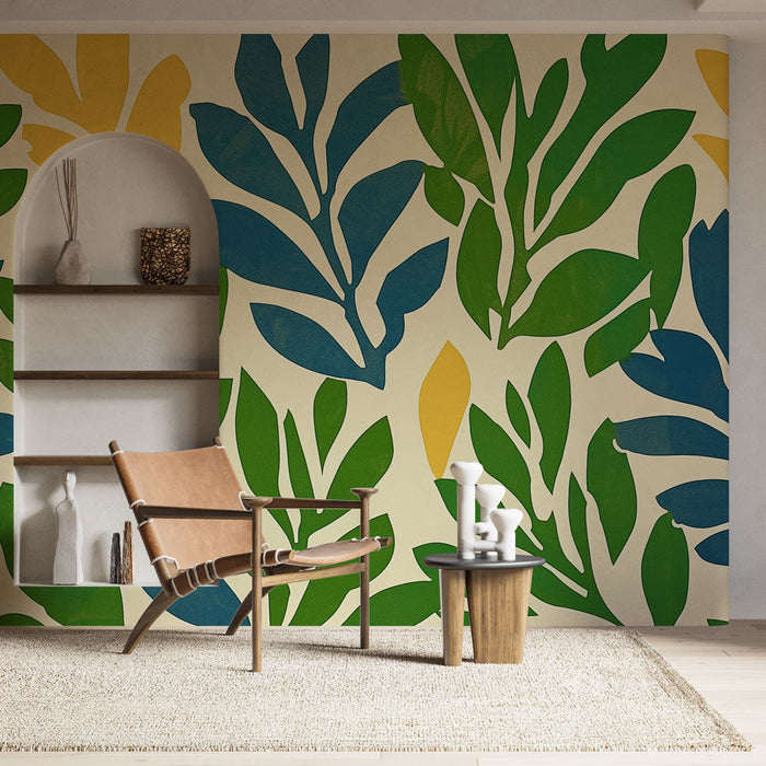 Green and blue foliage Mural Wallpaper | Touches of yellow