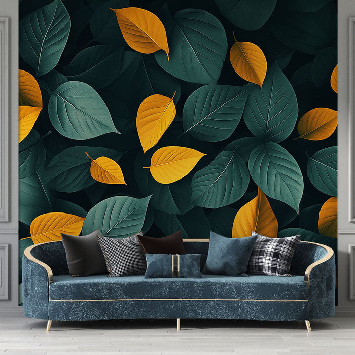 Green and Yellow Foliage Mural Wallpaper | Dark Atmosphere