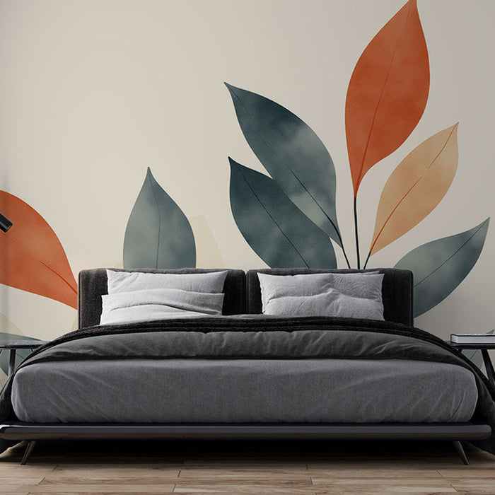 Papel pintado de follaje verde y naranja | Fondo beige