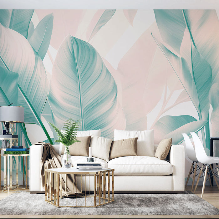 Mural Wallpaper green and pink foliage | Monochrome