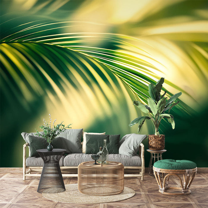 Mural Wallpaper green foliage | Palm leaf and sunrise in the background